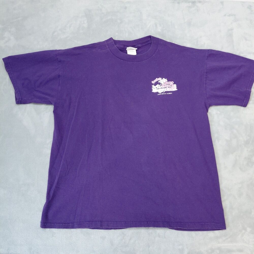 VTG L Jerzees Juno Beach Cafe FL T Shirt Graphic Print Purple Sea Turtle 90s Y2K